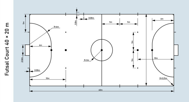 Futsal court dimensions blueprint. Official futsal court vector layout with accurate measurements, markings and dimension lines for coaching, sports planning and technical drawings.