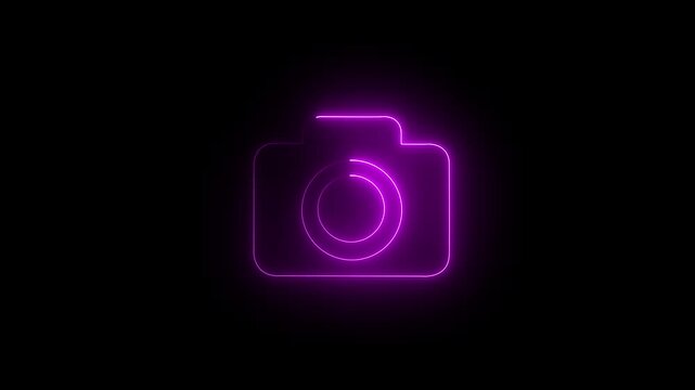 glowing neon camera icon isolated , recording, and film themes. Social media video camera icon for app. camera frame pictogram photograph animated camera 