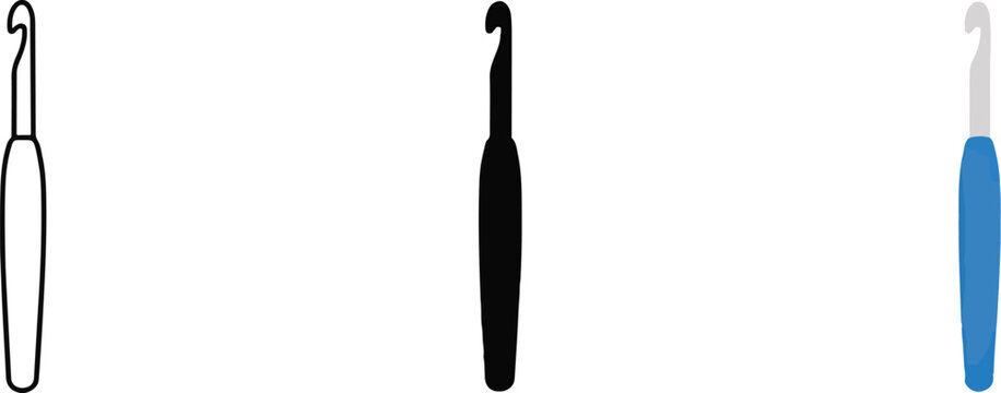 Crochet hook icon set in outline, glyph, and flat color styles for craft and hobby vector designs