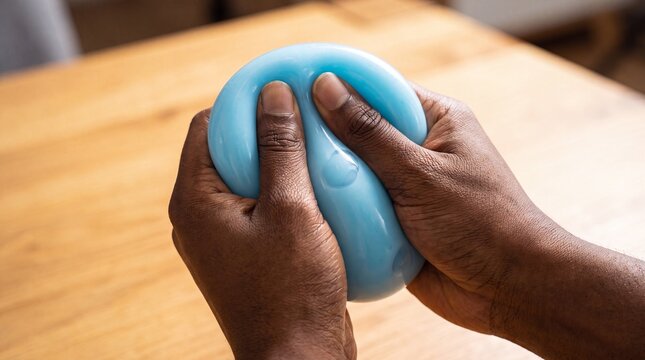 Two hands with dark skin tones squeeze a light blue, amorphous object, appearing to be a stress-relief toy
