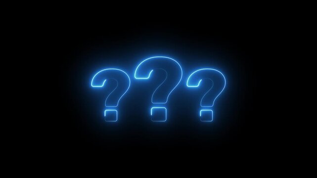 Glowing neon blue three question marks loop animation, animated faq quiz problem solving motion graphic element on black background