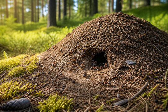 Close-up of a busy ant hill with many worker ants around the nest entrance, illuminated by warm sunlight in a green forest.
