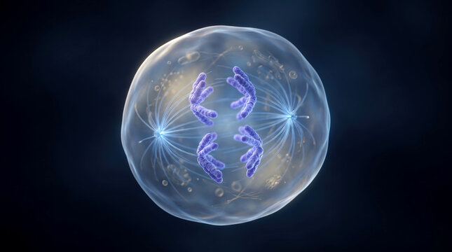 Detailed visualization of spindle fibers pulling duplicated chromosomes apart during cellular mitosis anaphase.