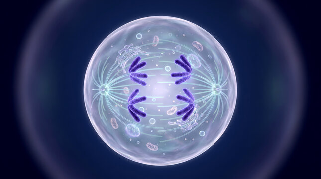 Microscopic view of chromosomes aligning along the metaphase plate inside a dividing cell.
