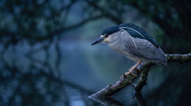 black-crowned night heron (nycticorax nycticorax) perched above water at twilight