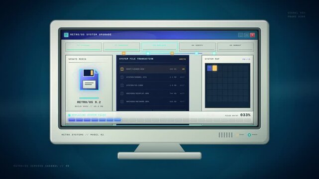 Computer software upgrade interface fills progress grid, restarts, and confirms completion