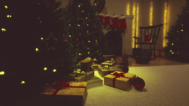 Serene festive scene. Warm silent holiday setting. Calm winter celebration with gentle shimmer. Tranquil seasonal tableau with soft glow and muted shadows