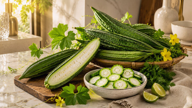 Fresh ridged gourds with angled luffa slices on counter