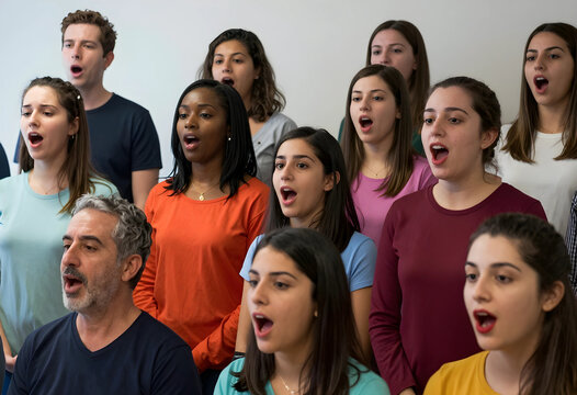 Diverse group of adults singing in a choir, vocal performance and musical education, Community and teamwork