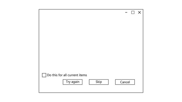File Operation Error Dialog Animation on white Background. Try Again, Skip and Cancel Popup Window, System Error and User Interface Motion Graphics. 4K Video. ,.