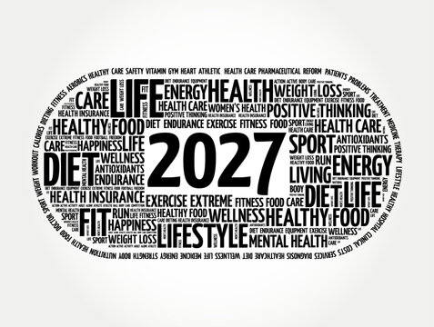 2027 health lifestyle diet fitness wellness word cloud concept. This design presents wording representing physical wellbeing, nutrition, healthcare, mental care, sport, and proper healthy habits.