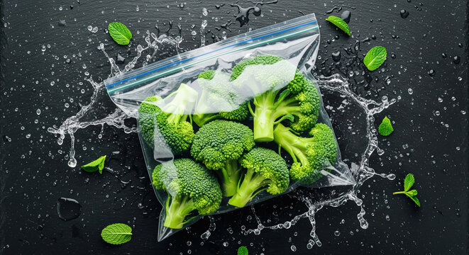 Fresh green broccoli florets in ziplock plastic bag with water splash on dark slate surface. Fresh food preservation concept.