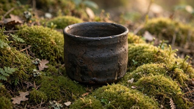 Ancient Clay Pot Resting on Mossy Forest Floor.