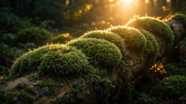 Sunlight illuminates moss-covered fallen tree trunk in forest.