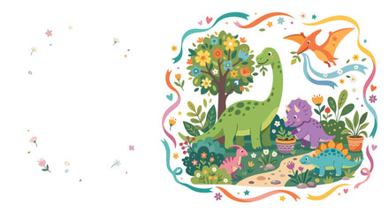 A whimsical vector illustration features friendly, colorful dinosaurs amidst a lush, flowery garden framed by festive ribbons and stars. © Regina