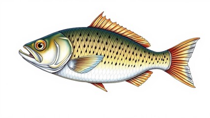Fototapeta premium A highly detailed digital illustration of a freshwater fish with spotted patterns, golden-green scales, and orange fins, isolated on a white background.