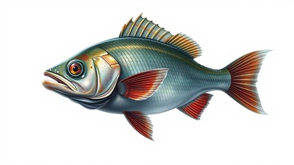 Fototapeta premium Detailed digital illustration of a predatory fish with metallic green scales, red fins, and expressive orange eyes, isolated on a pure white background.