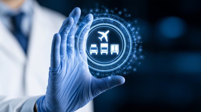 Air cargo and cold chain, Gloved Hand Placing Transparent Icon Representing Transportation Modes in Digital Space with Futuristic Background