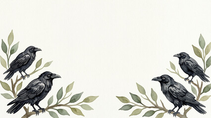 Obraz premium Hand-painted watercolor artwork featuring multiple black ravens among green and brown botanical leafy branches, forming a decorative corner frame layout.