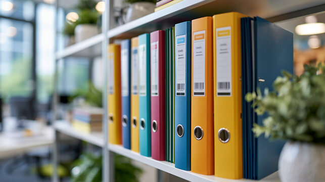Multicolored new segregator folders standing in a neat row on a shelf in a bright modern office folders segregator shelf office organization colorful administration