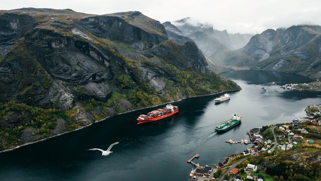 Norwegian fjord shipping lane cargo vessels navigate dramatic mountainous coastline with coastal village