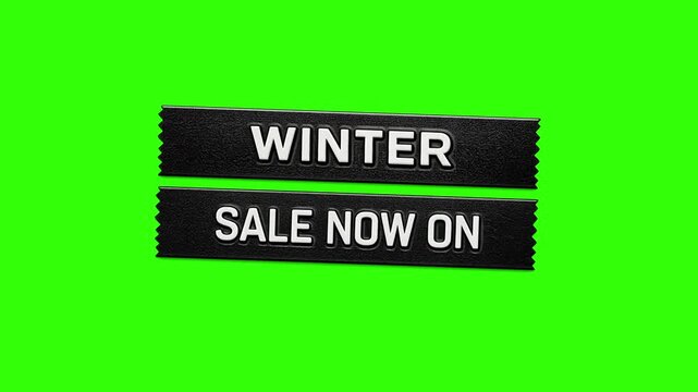 WINTER SALE NOW ON vintage retro embossed label graphic animates onto the screen. chroma key green 4k
