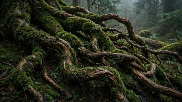 Ancient Forest Tree Roots Covered in Lush Green Moss.