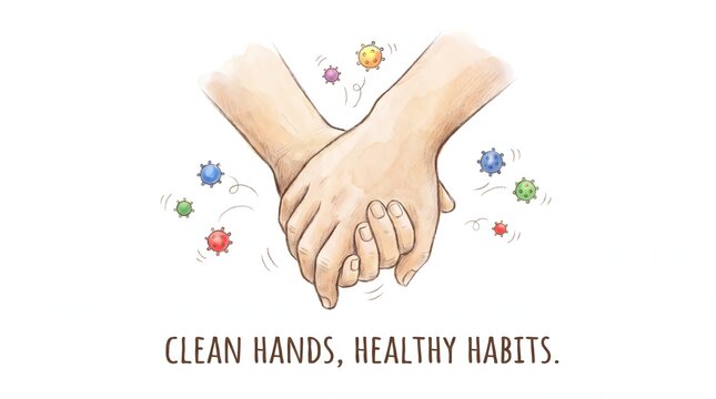 Watercolor Illustration of Two Hands Joined Together with Germs Floating Around Them