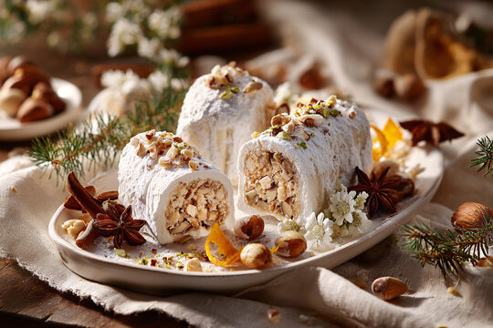 Classic Spanish nougat made with roasted almonds and honey for festive celebrations