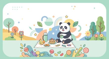 A cheerful panda enjoys a whimsical picnic outdoors with tea and treats, surrounded by colorful trees, flowers, and abstract geometric elements. © Regina