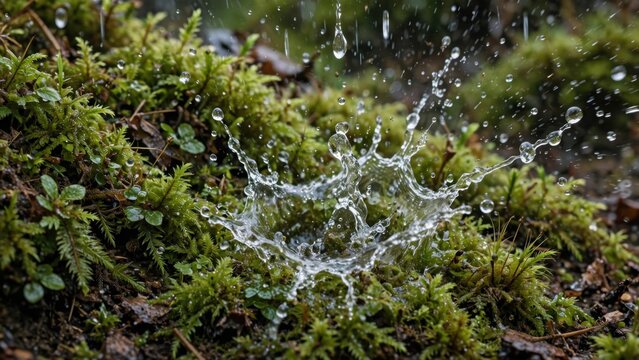 Close-up of Water Droplets Splashing on Lush Green Mossy Ground.