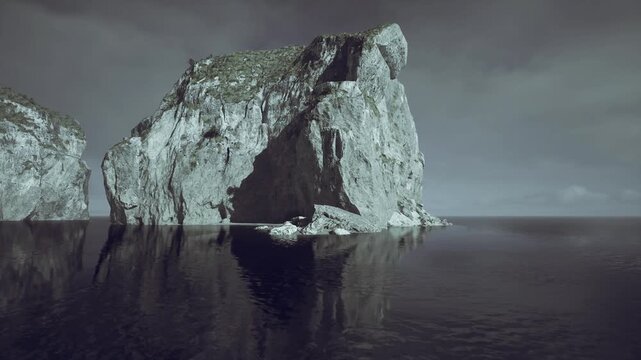 Ancient coastal monolith rising from sea with sheer vertical face and deep reflection, visible strata and weathered texture revealing geological history, quiet