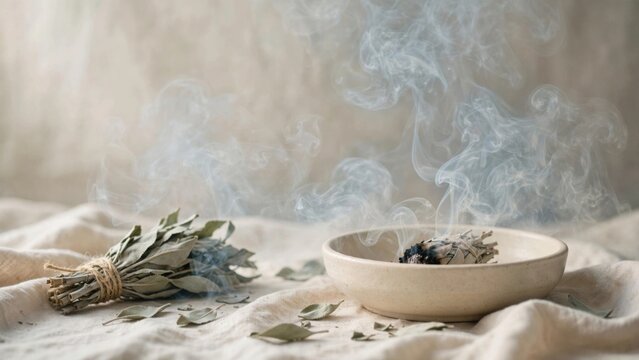 Smudging Ritual with Sage Bundle and Incense Bowl.