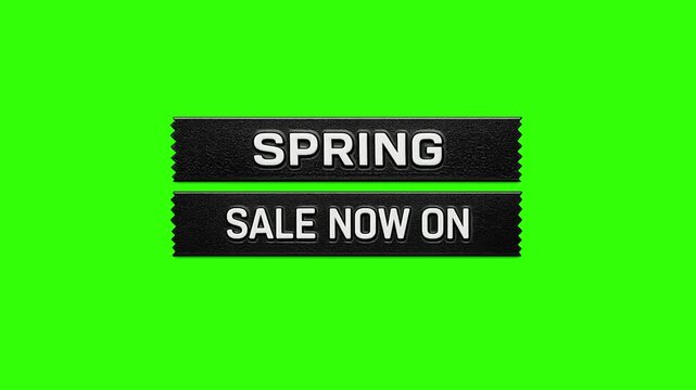 SPRING SALE NOW ON vintage retro embossed label graphic animates onto the screen. chroma key green 4k