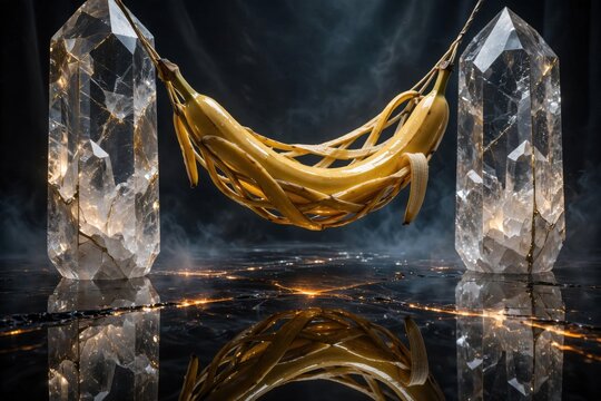 Surreal Banana Hammock Suspended Between Crystal Towers.