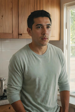 Young adult man in a light green long-sleeve shirt standing in a modern kitchen with wooden cabinets and a window, the background features wooden cabinets, white tiled backsplash