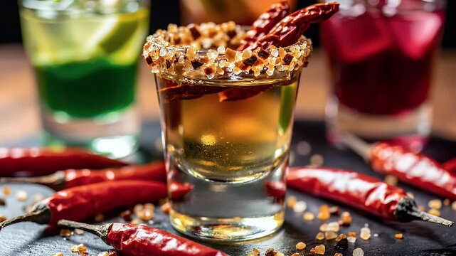 Shot glass with spiced rim, dried chilies, and colorful layered drinks