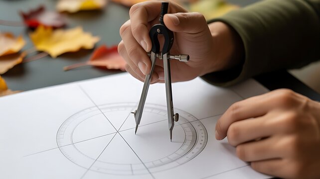 Close up of a hand holding a metal drafting compass to draw a circle on white paper with a protractor and autumn leaves on a dark desk surface