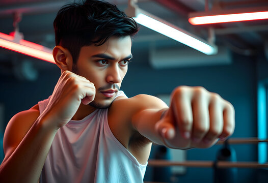 Young man in a white tank top practicing boxing punches with focused determination in a modern gym, His expression conveys determination and concentration during the workout