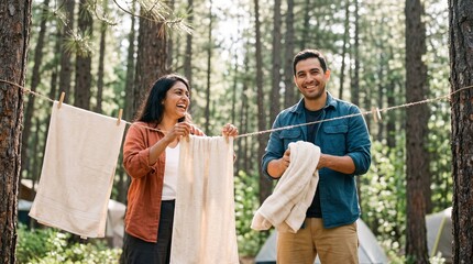 Naklejka premium Happy diverse couple hanging laundry on a clothesline at a forest campsite.