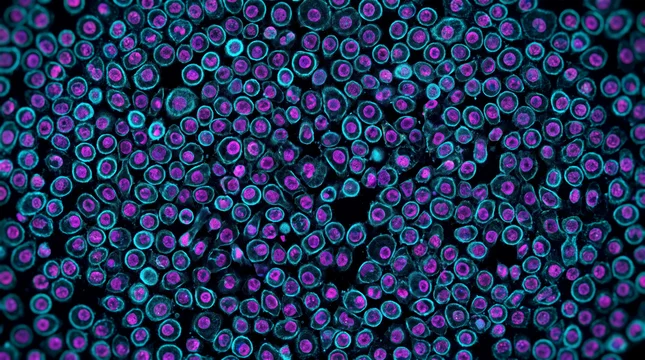 Examine dense colony of glowing cells with magenta borders and cyan centers in microscopic environment
