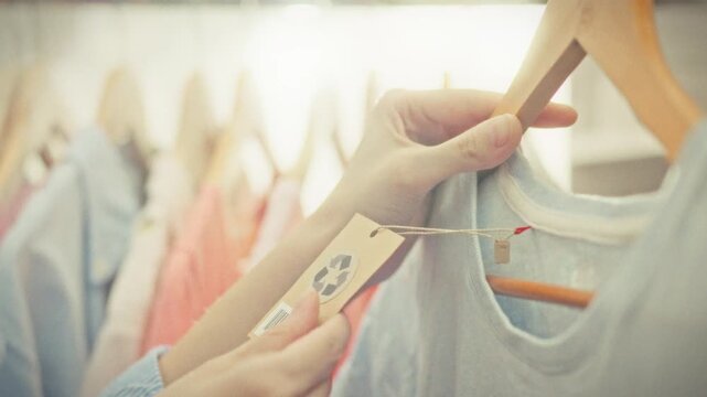 A girl carefully studies a recycling sign on a garment label in a clothing store surrounded by rows of hanging items. Concept of eco-friendly consumption and choosing sustainably produced clothing
