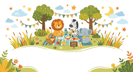 Naklejka premium A cute cartoon illustration features a lion, zebra, and elephant enjoying a sunny picnic in a meadow decorated with festive banners and stars.