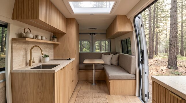 Modern camper van interior with wooden kitchen parked in a pine forest.