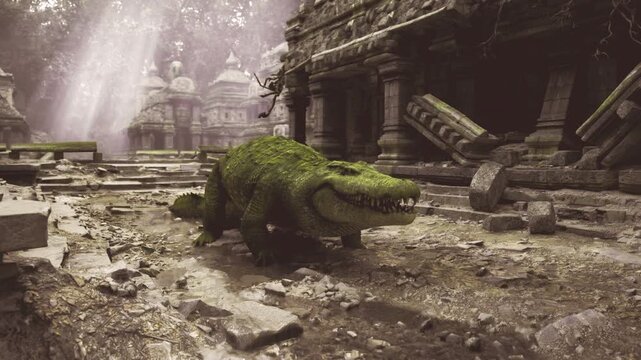 Mosscovered crocodile moving toward carved steps, lowangle view of temple architecture and scattered debris, damp atmosphere with faint light rays and tactile