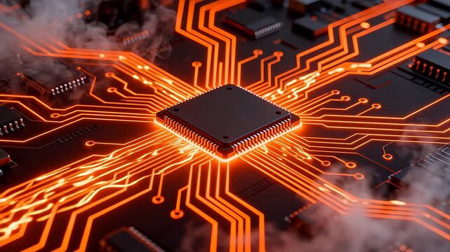 Circuit board with glowing orange lines
