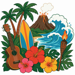 Hawaii Travel Tropical Island and Surf Culture Flat Vector Illustration © Shreya Khaire