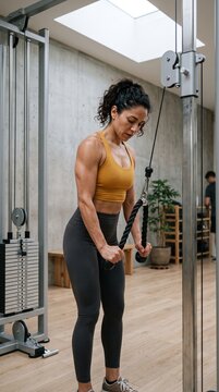 Fit woman performing tricep pushdowns with cable machine in gym