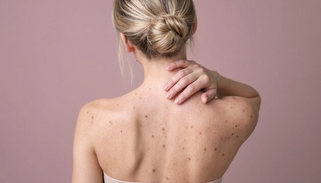 Young woman with skin moles on her back touching her neck