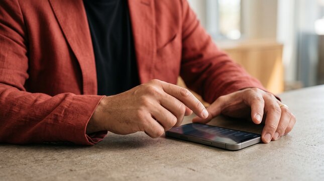 Man in rust blazer using smartphone on concrete table